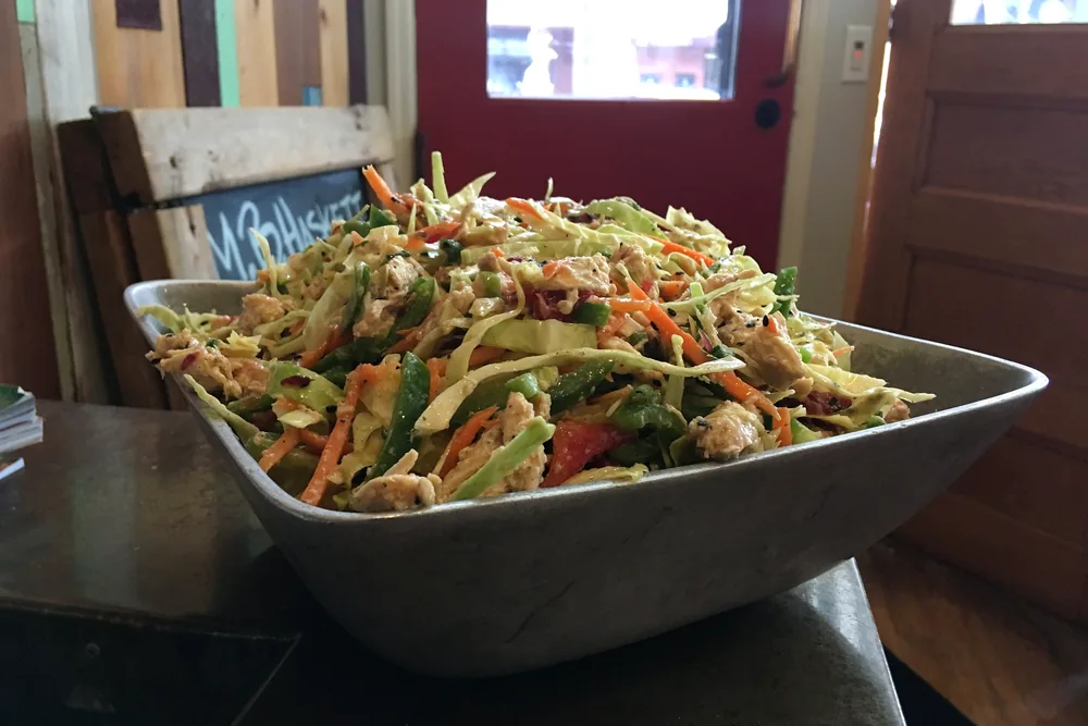 A bowl of chicken slaw on the counter in the dining room at M.B. Haskett